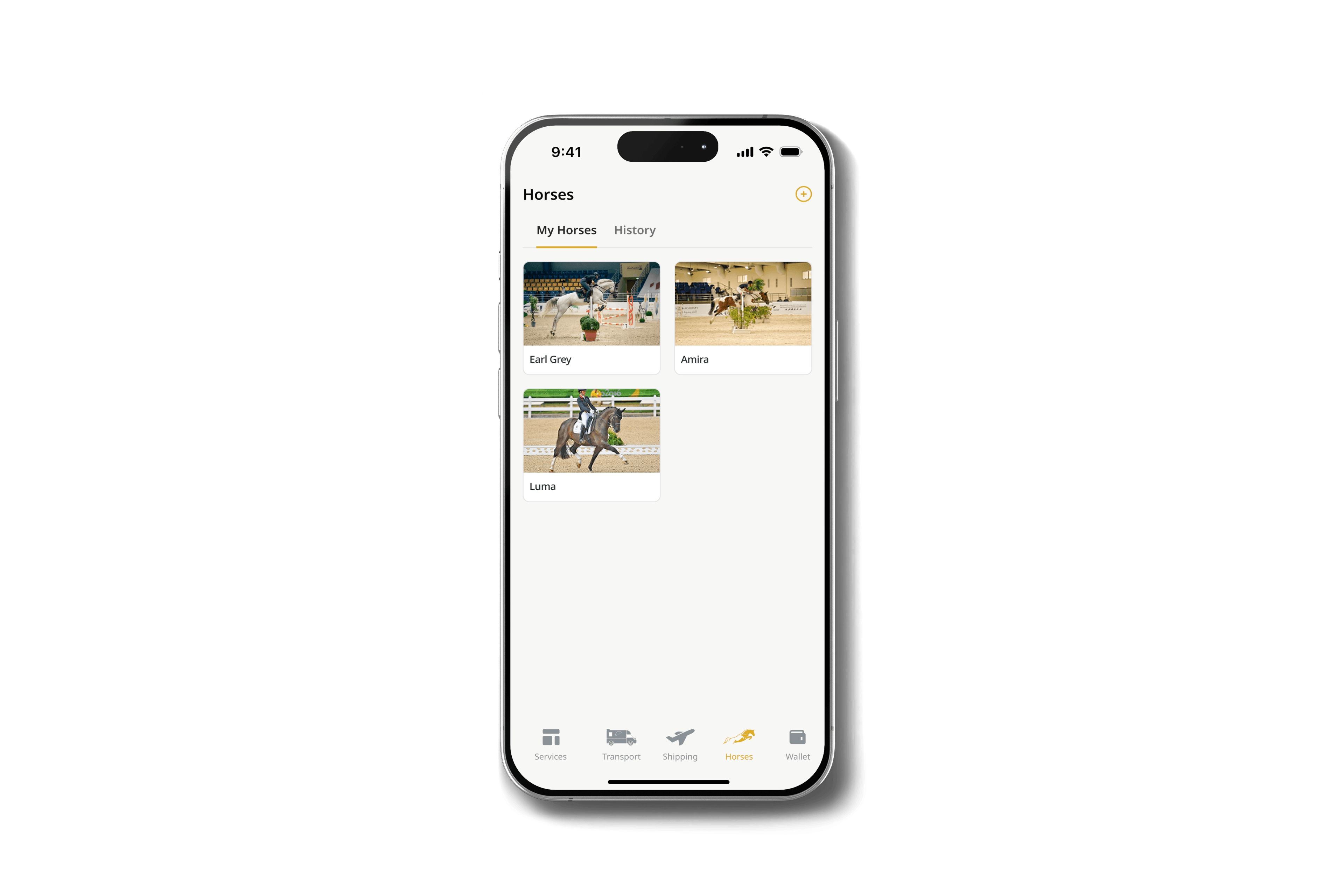 ProEquine app showing the Horses screen